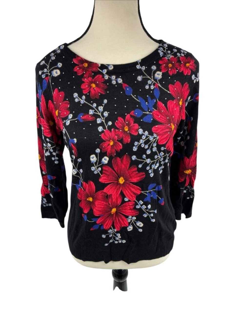 Emily Daniels Womens Petite Small Black Floral Sweater Red Blue 3/4 Sleeve - Picture 2 of 9